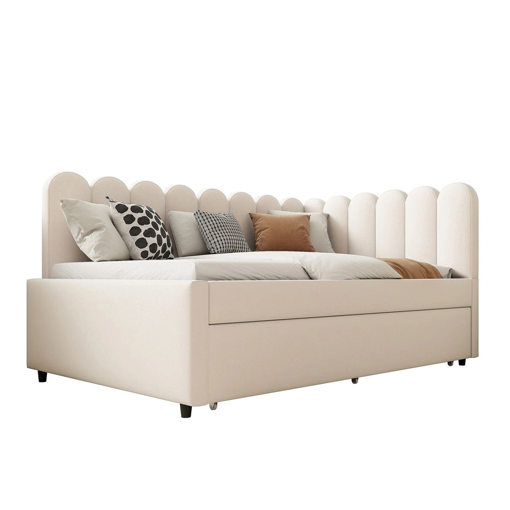 Letto Imbottito con Divano Estraibile a L ¨C MINIMAL ¨C Velluto Beige 140x200