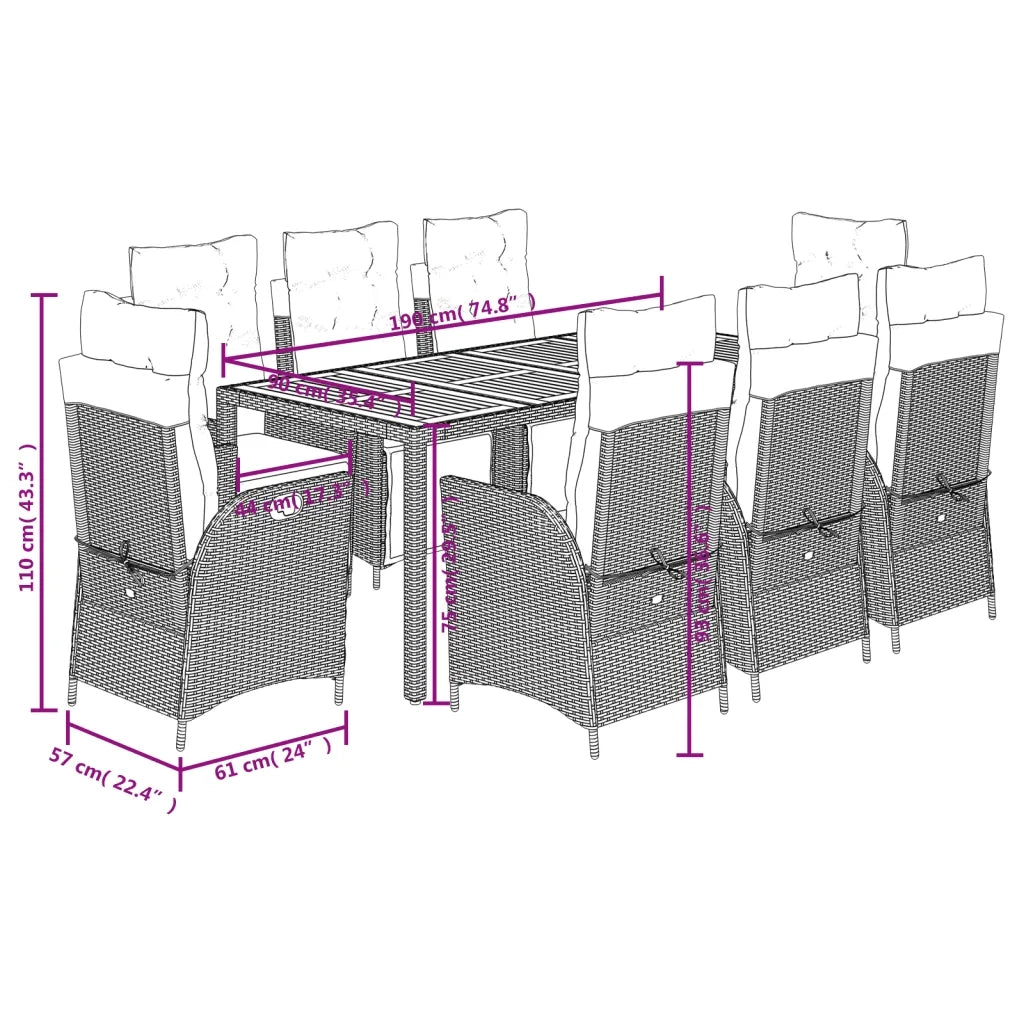 Set da Pranzo da Giardino 9 pz con Cuscini Nero in Polyrattan 3213092