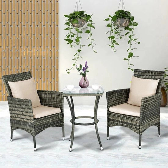 Set di mobili da giardino 3 pezzi - Rattan resistente all'usura - Compreso cuscini e tavolo in vetro
