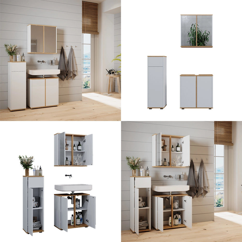 Vicco Set mobili bagno Bianco/Artisan 3 pezzi, mobile midi con cassetti 60 cm