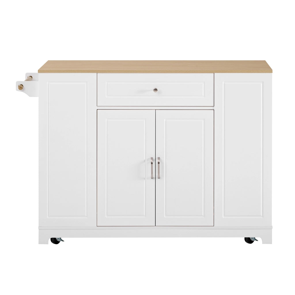 Isola da cucina su ruote con piano estraibile; cassetti multifunzione e vano pattumiera; bianco; 120x40-70 cm