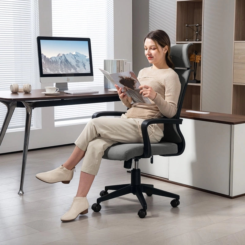 Sedia da ufficio ergonomica con Schienale Alto Poggiatesta Braccioli Altezza Regolabile Funzione Basculante Poliestere Grigio Scuro 60.5 × 69 × 109-117 cm