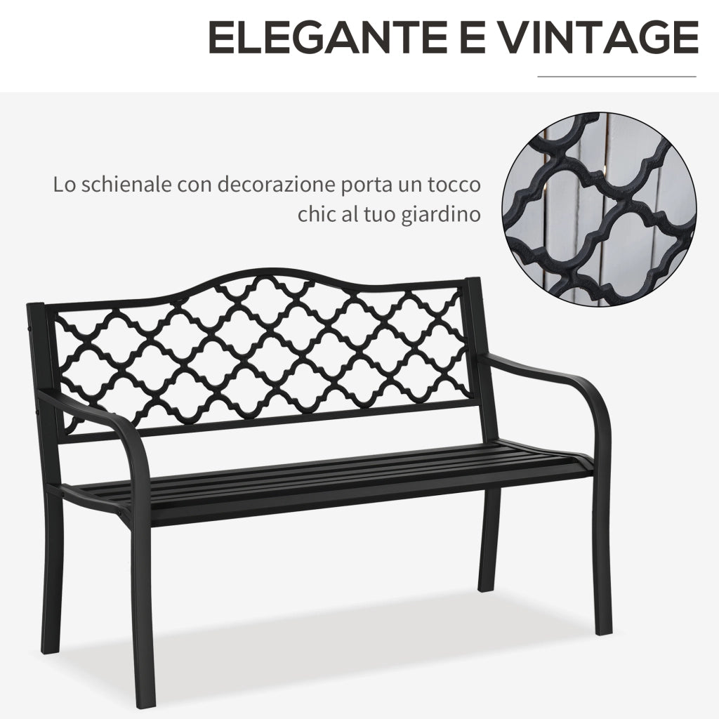 Panchina da Giardino 2 Posti ¨C Xylo ¨C Acciaio e Ghisa Nero con Braccioli 128x58.5x89cm
