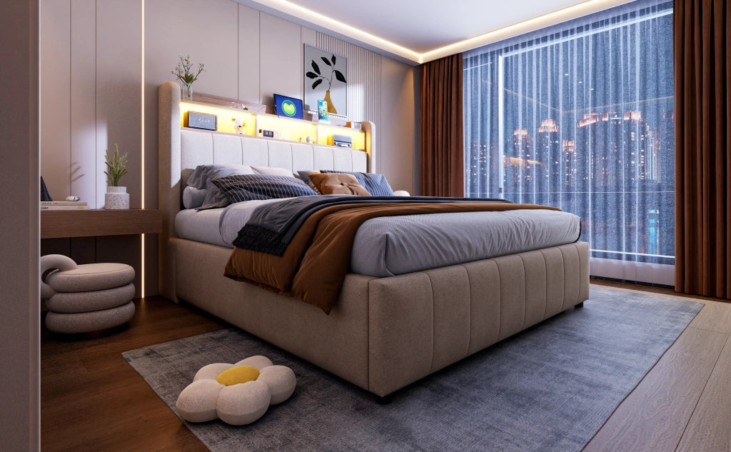 letto imbottito lino beige 140 x 200 cm