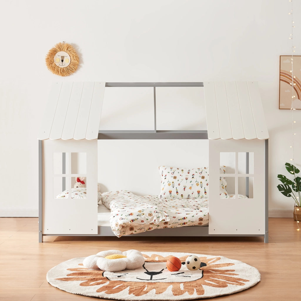 Letto Tostedt per Cameretta a Forma di Casetta Semiaperta 140 x 200 cm Grigio / Bianco [en.casa]