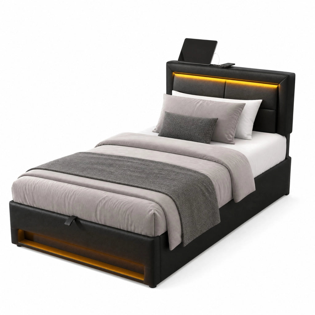 Letto imbottito 90x200 cm con USB, LED e contenitore, senza materasso, nero