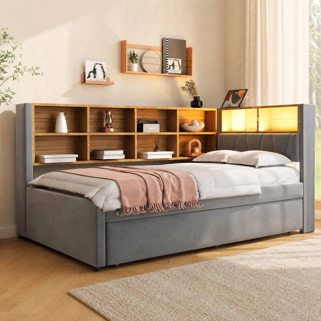 Divano letto multifunzione con letto estraibile, LED e prese integrate