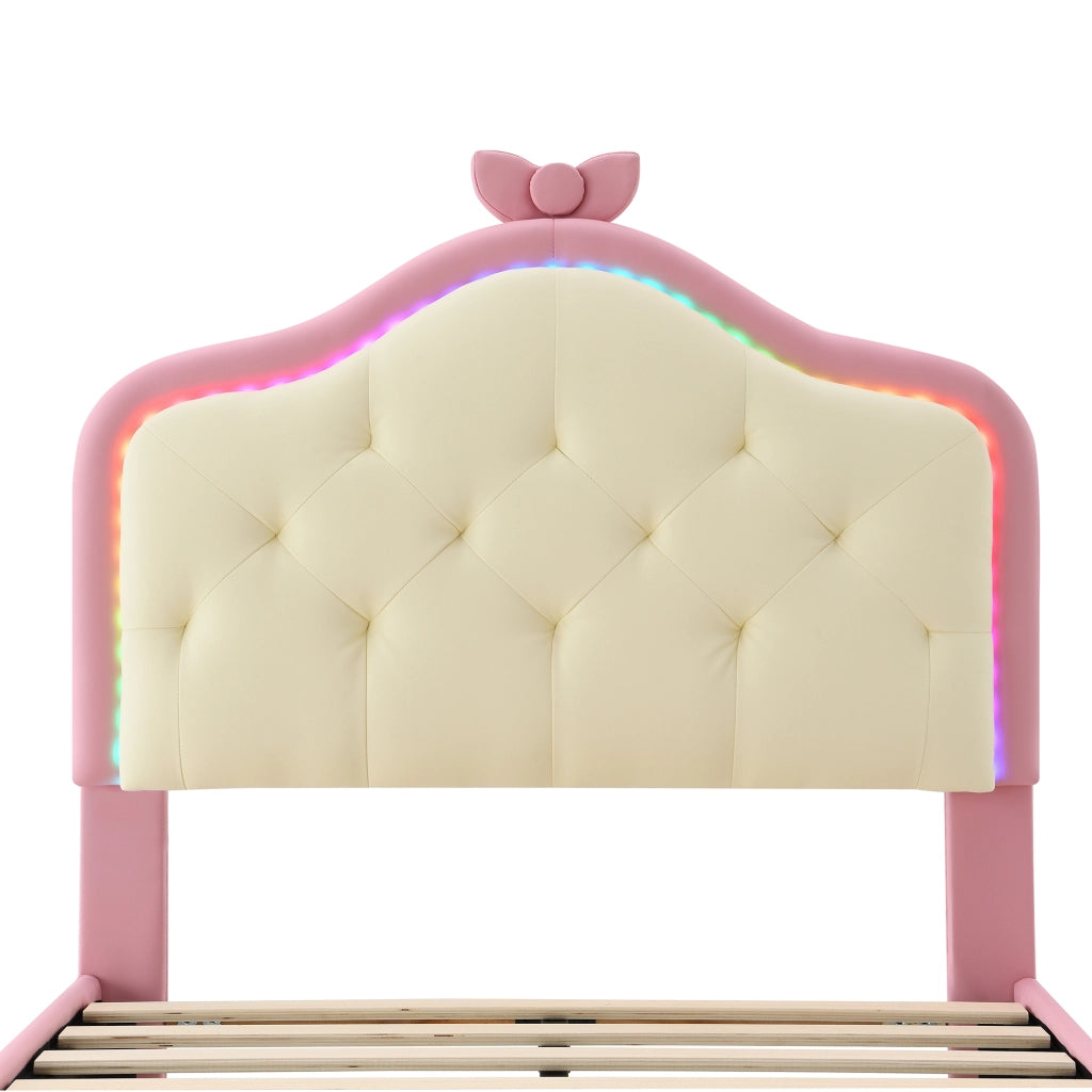 LETTO Imbottito 90x200 cm PU Bianco/Rosa con testiera ondulata e LED