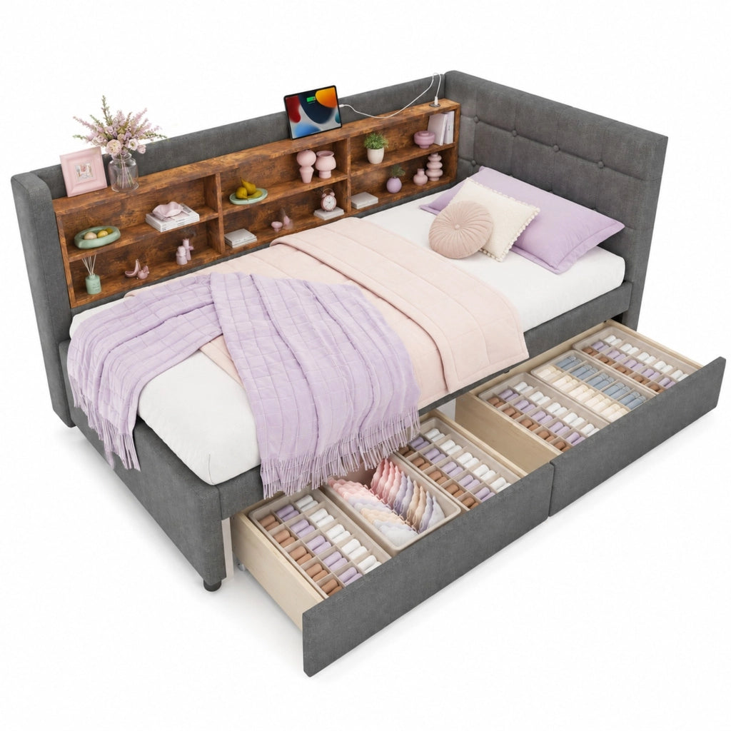 Letto singolo 90x200 cm con 2 cassetti, USB e USB-C, rete a doghe, grigio