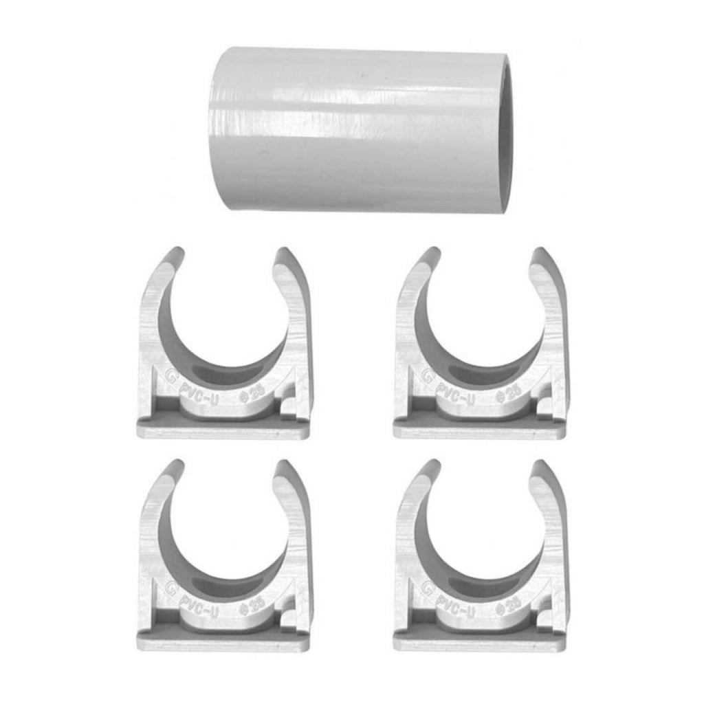 Kit 5 Accessori Per Tubo Rigido e Flessibile Da 25mm, 4 Clip Fissatubo A Scatto + 1 Giunto Raccordo Lineare, Colore Bianco IP40