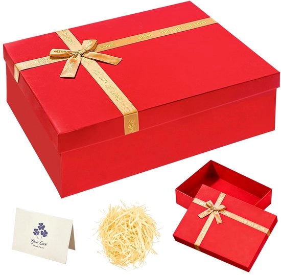 Scatola di regalo rossa con coperchio, 40 x 30 x 15 cm, scatole di regalo con rafia e cartolina auguri, scatola di regalo per compleanni, Natale e San Valentino