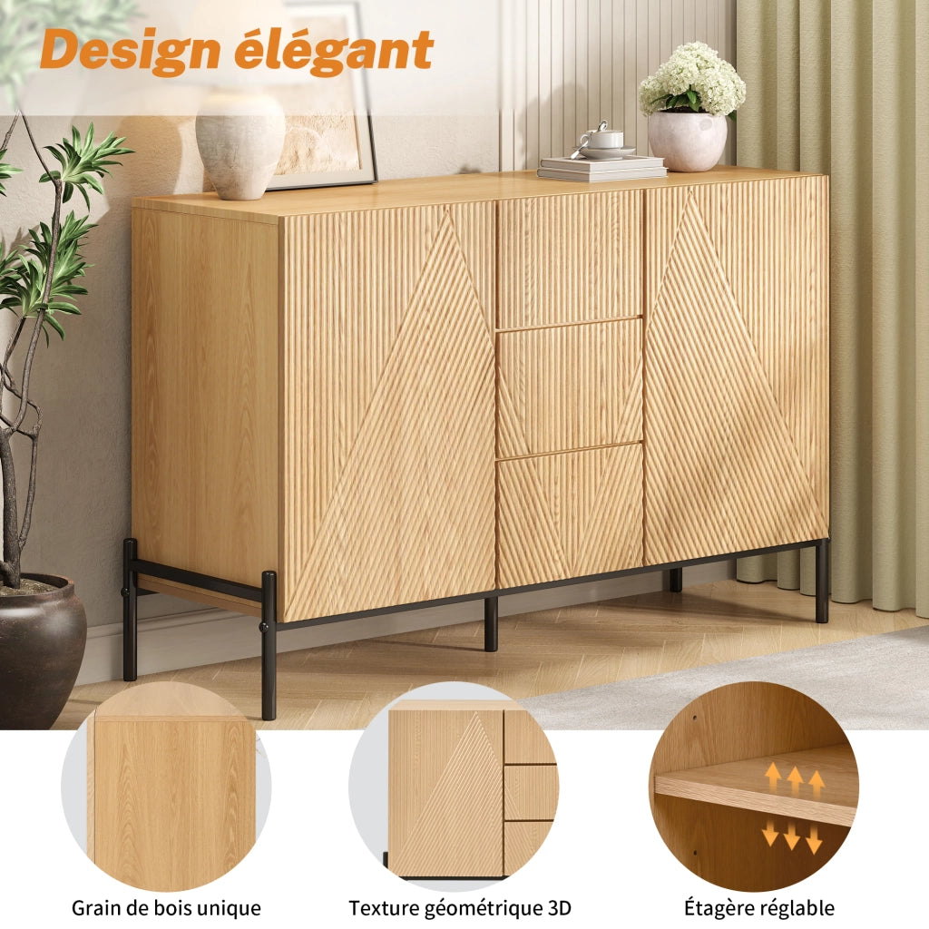 Madia con 2 Ante e 3 Cassetti; Gambe in Metallo; per Soggiorno Sala da Pranzo; MDF; 115.5 × 40 × 76 cm; Naturale