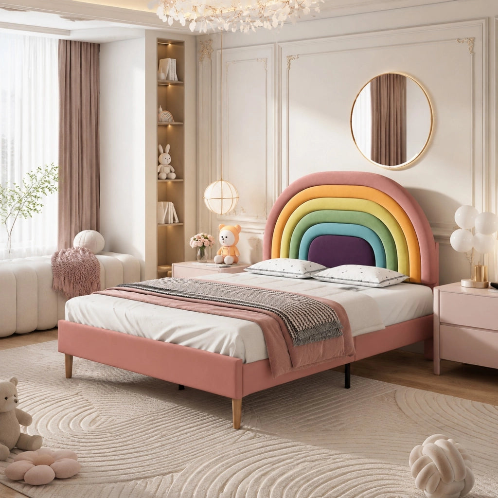 Letto imbottito 140x200 cm in velluto rosa con rete a doghe, testiera regolabile e struttura robusta