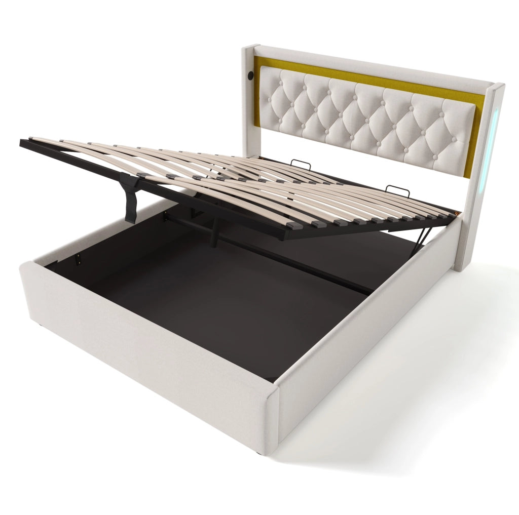 Letto matrimoniale con LED, contenitore e porte USB Type-C
