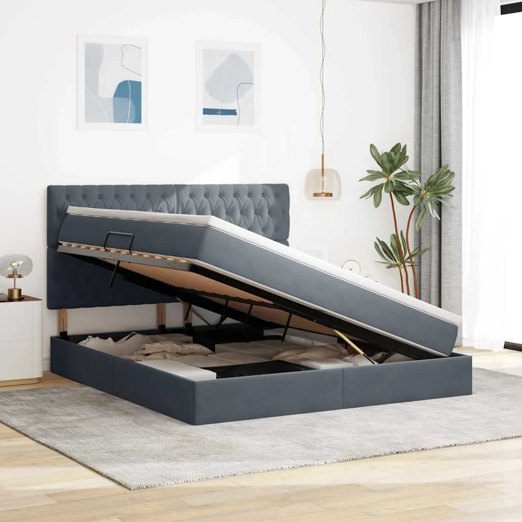 Letto con contenitore e LED Grigio scuro 160 x 200 cm Velluto