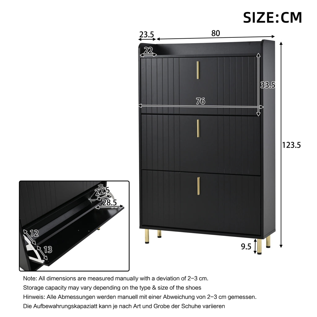 Scarpiera con 3 ante e ripiani regolabili in MDF nero con base e maniglie dorate per ingresso