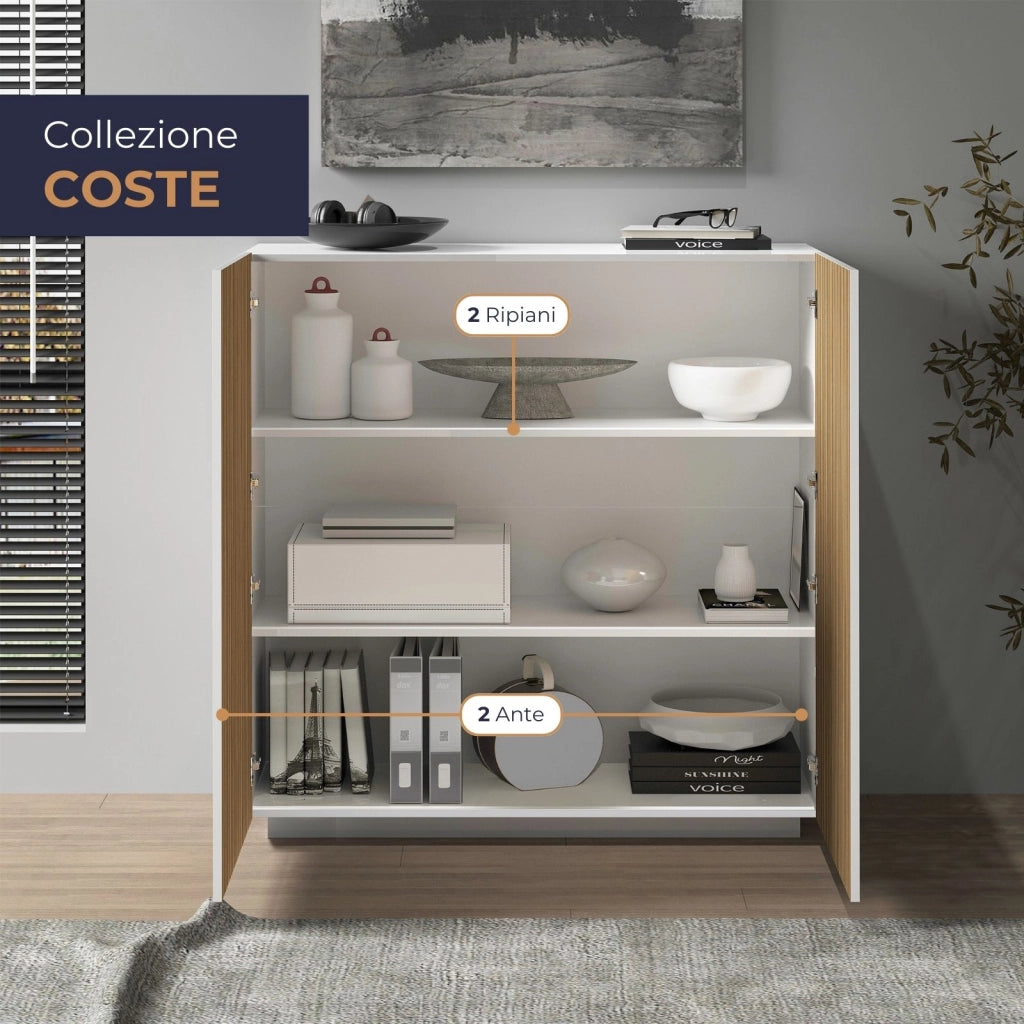 WHOUS Credenza Coste a 2 ante effetto cannetè bianco opaco e legno chiaro 120x43x126 cm