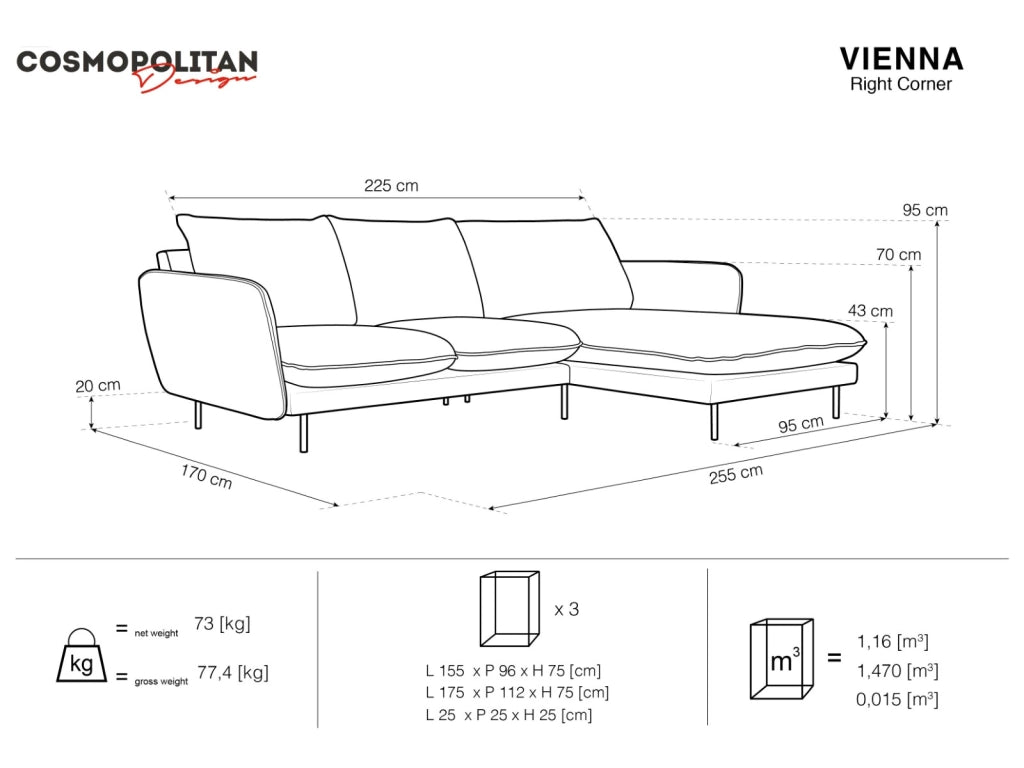 Cosmopolitan Design - Divano angolare destro "Vienna" 5 posti in velluto grigio chiaro 