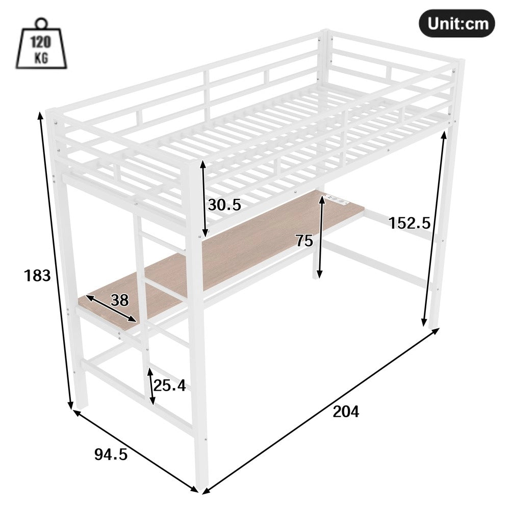 Letto a Soppalco con LED, USB e Luce App ¨C MINIMAL ¨C Metallo Bianco 90x200
