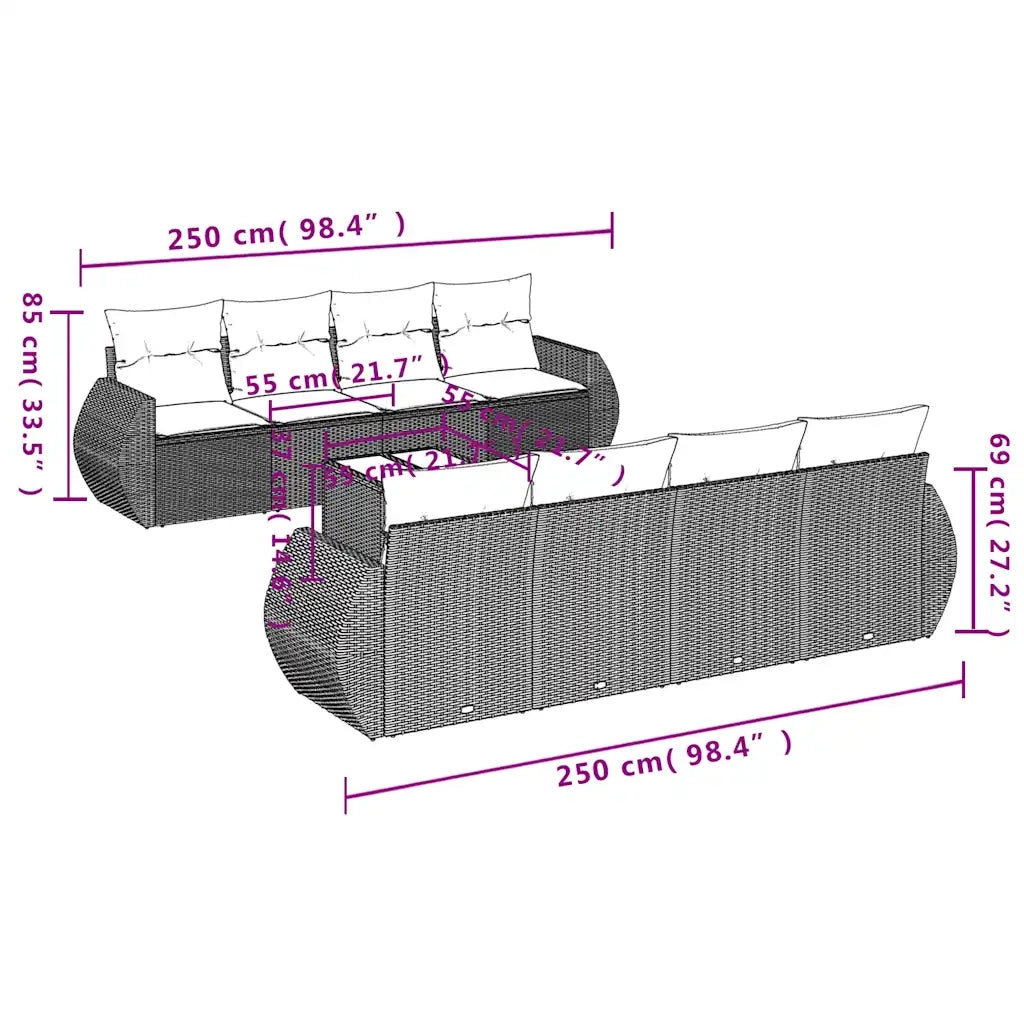 Set Divani da Giardino 9pz con Cuscini Marrone in Polyrattan