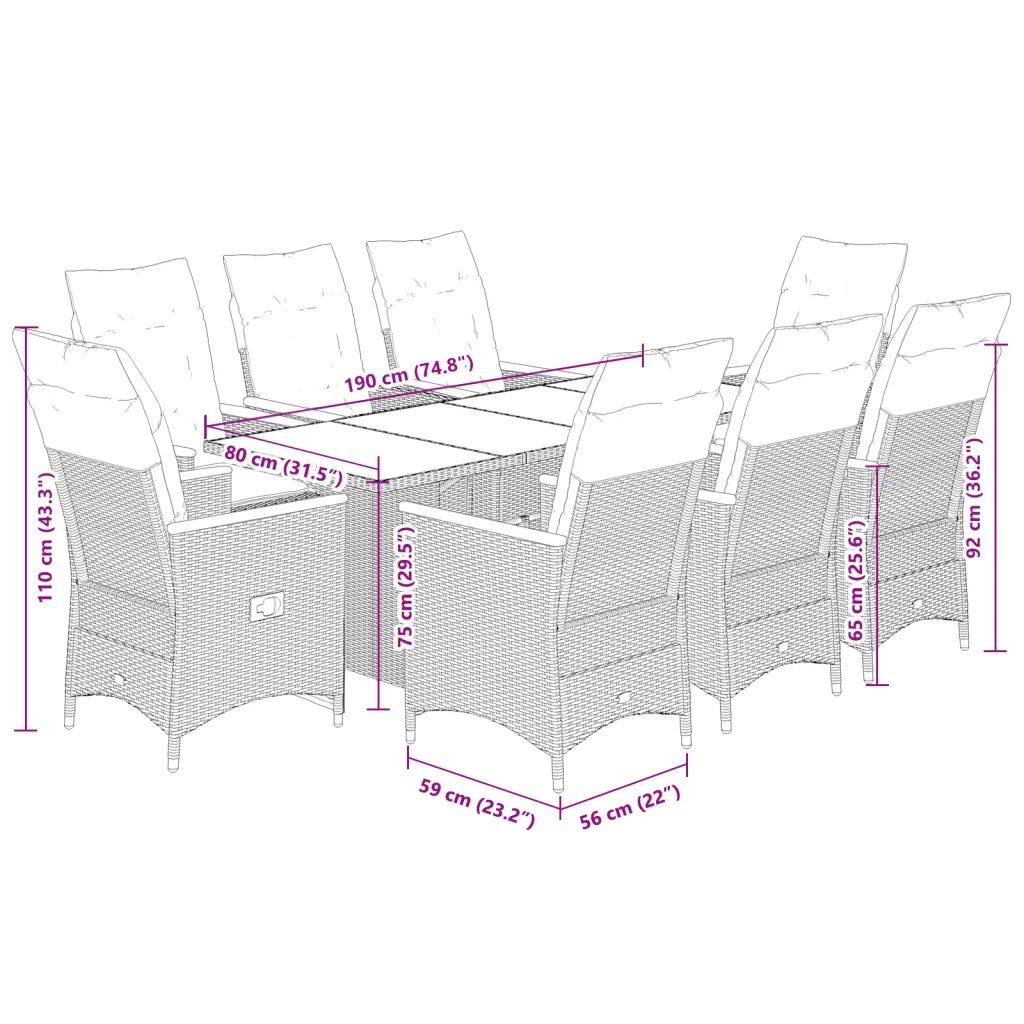 Set Bistrò da Giardino 9 pz con Cuscini in Polyrattan Nero 3276966