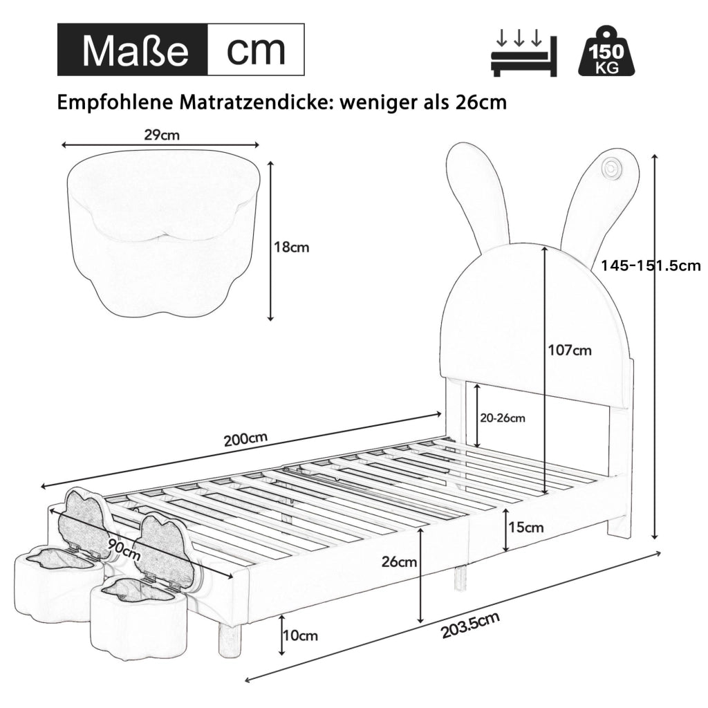LETTO imbottito 90x200 cm in velluto rosa con LED e 2 panche contenitore