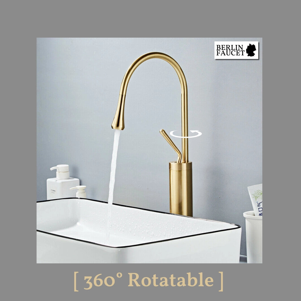 Lydia | Rubinetto da bagno Hotel Gastro oro | in acciaio inox per lavelli alti|rubinetto miscelatore 2 attacchi| Raccordo alta pressione alto bagno
