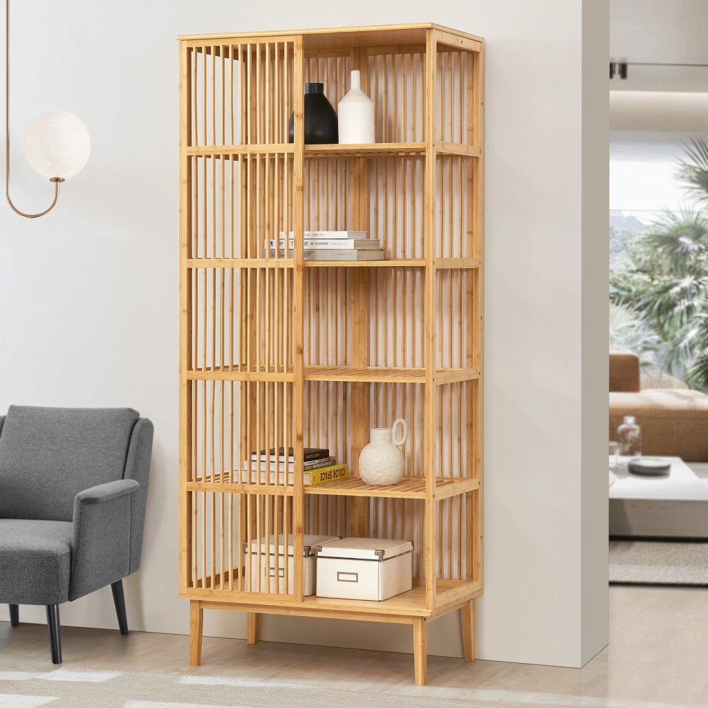 Scaffale da Terra con 5 Scomparti Semiaperti a Doghe Libreria Moderna 185 x 80 x 45 cm in Bambù color Naturale Mobile