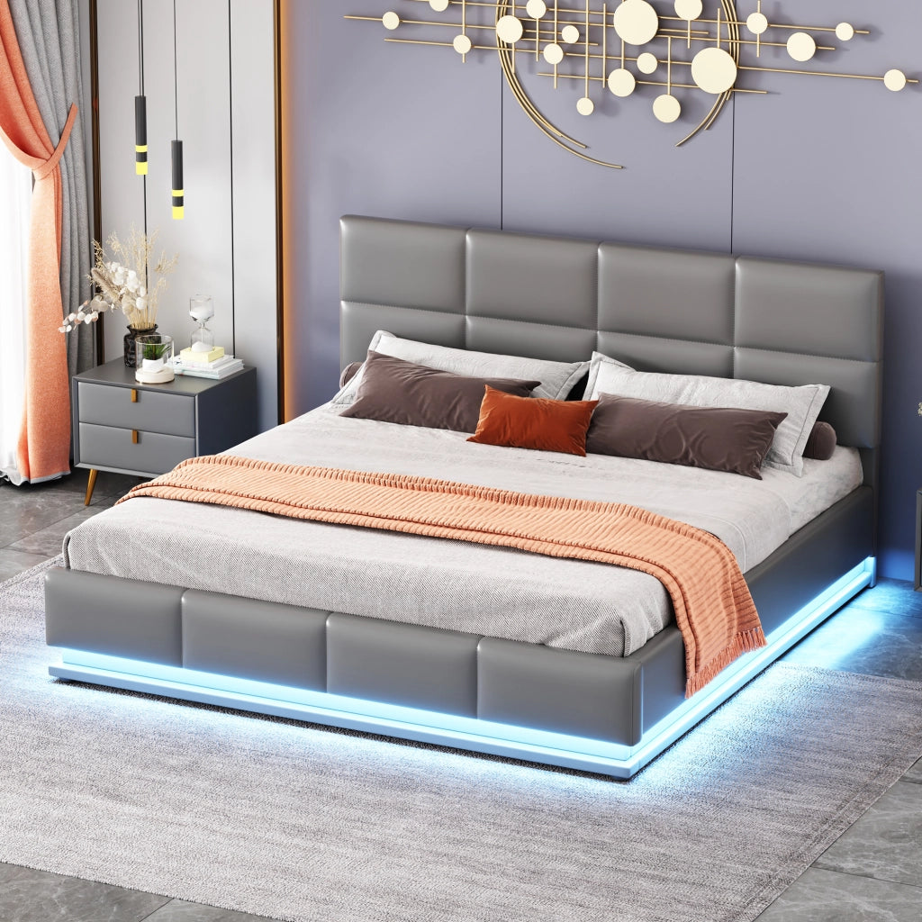 LETTO Imbottito 160x200 cm Grigio con LED e contenitore