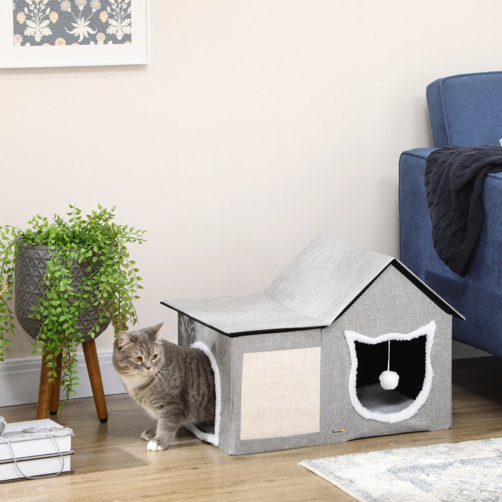 Casetta Gatti con Cuscino Graffiato e Palla ¨C Minimal ¨C 65x41x45.5 cm Grigio