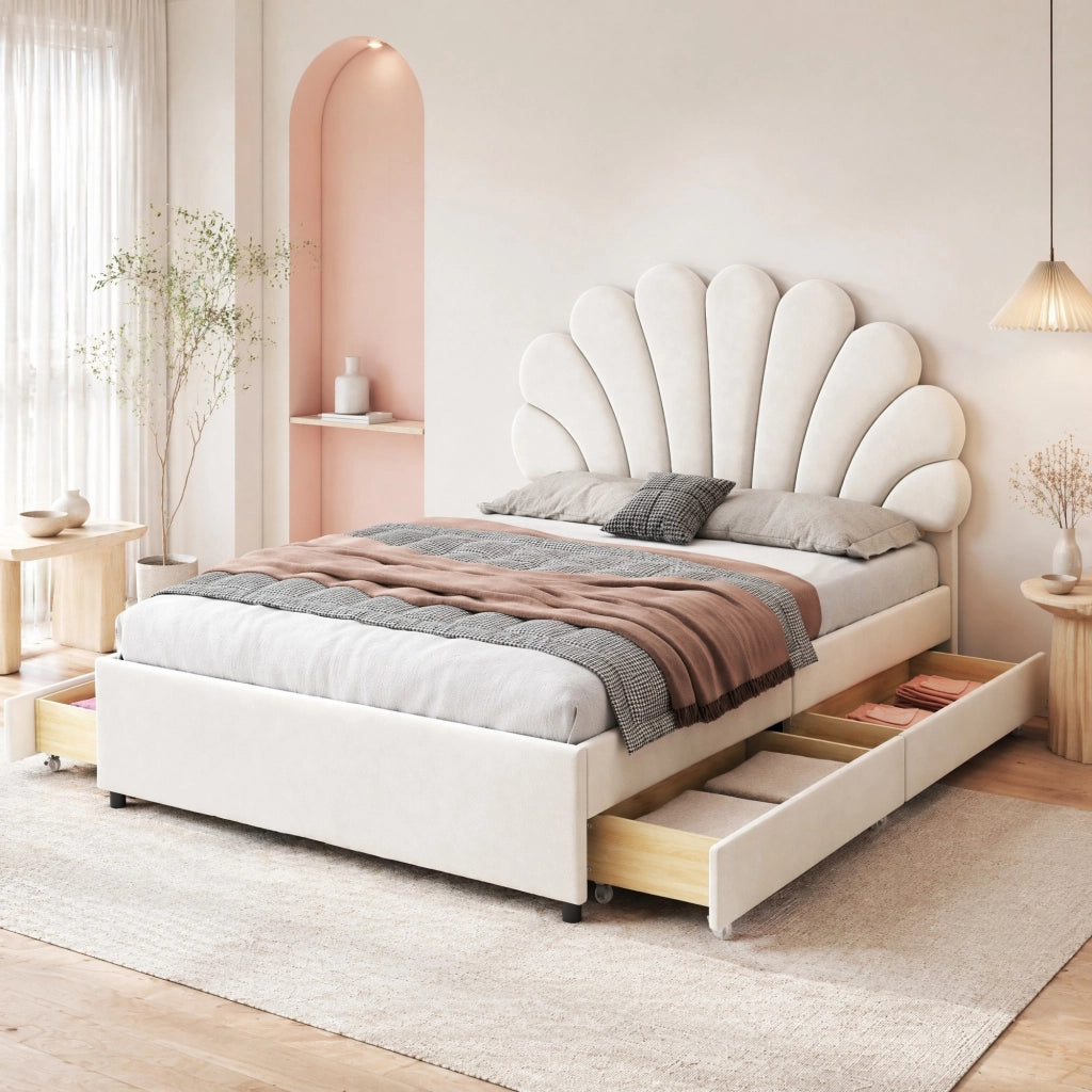 LETTO Imbottito 140x200 cm Beige con 4 cassetti e testiera floreale