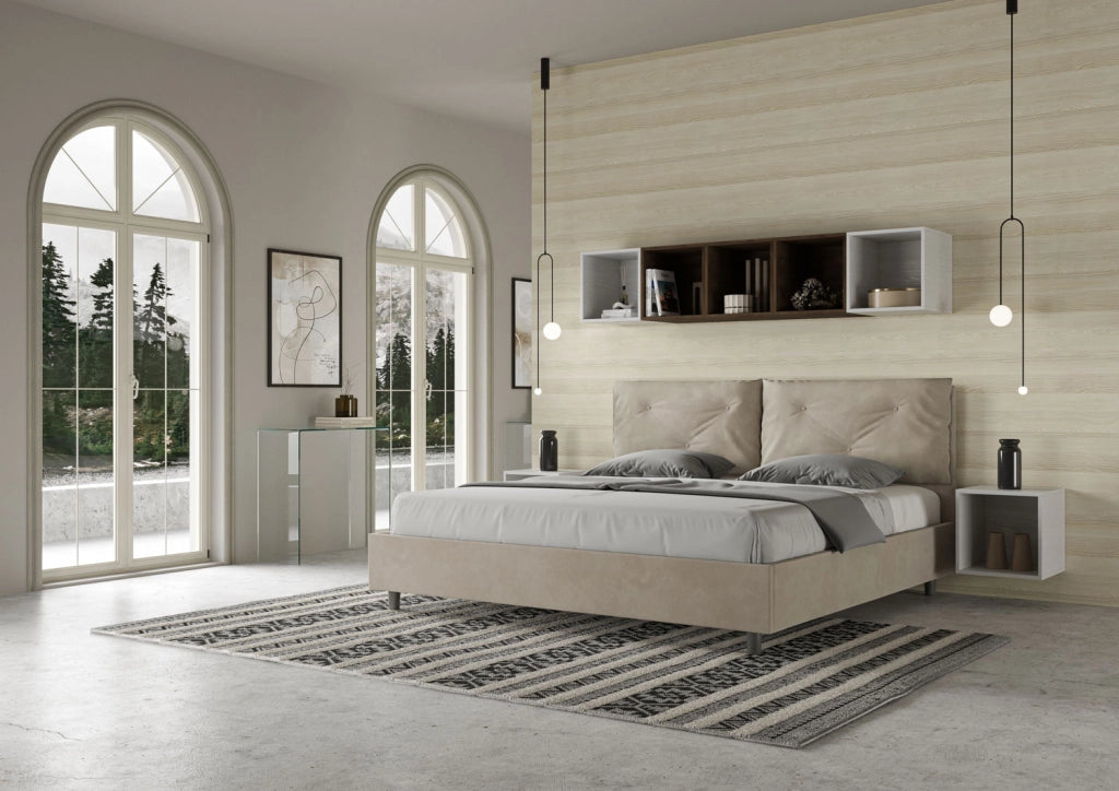 BS COM Letto matrimoniale king size contenitore imbottito 200x210 microfibra sabbia