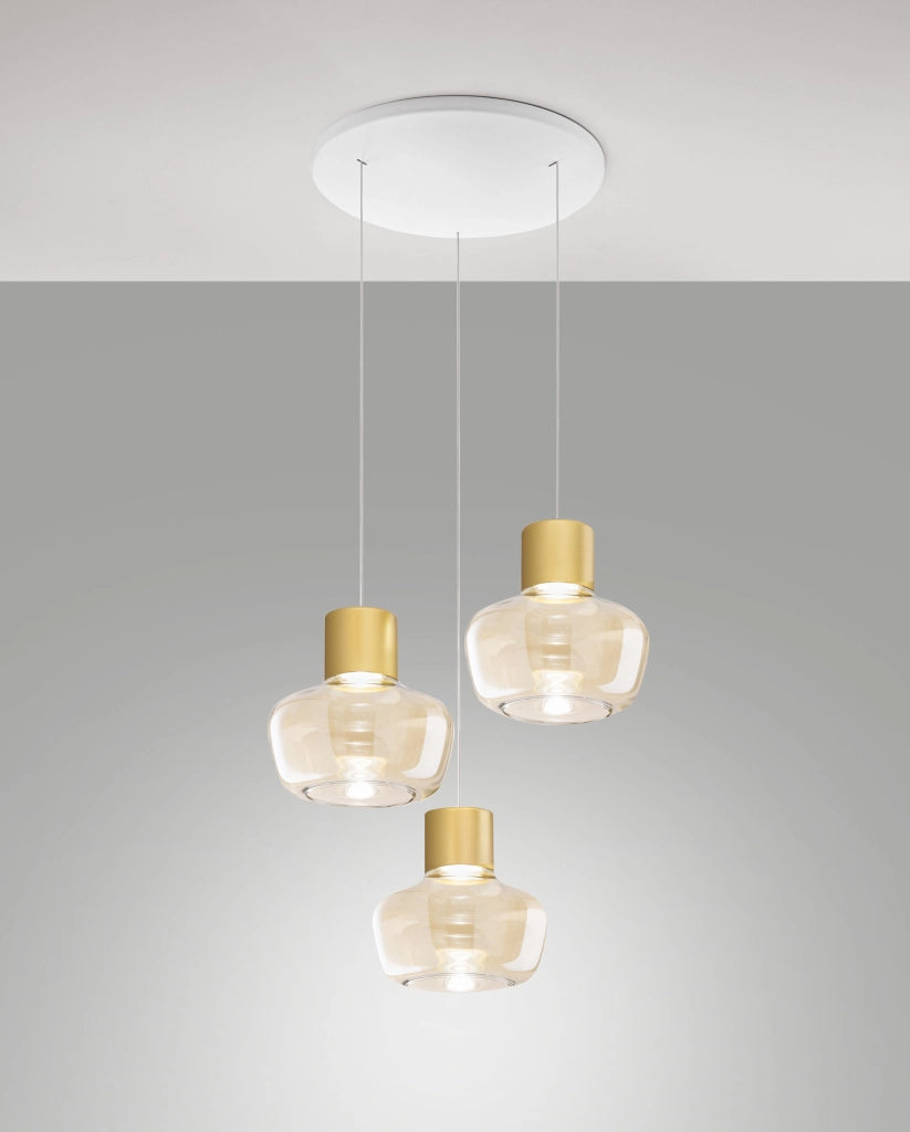 Lampada a Sospensione LED Kino 36W 3900lm 3000K Dimmerabile a step, Struttura in Metallo e Vetro Borosilicato, Cognac - Kino