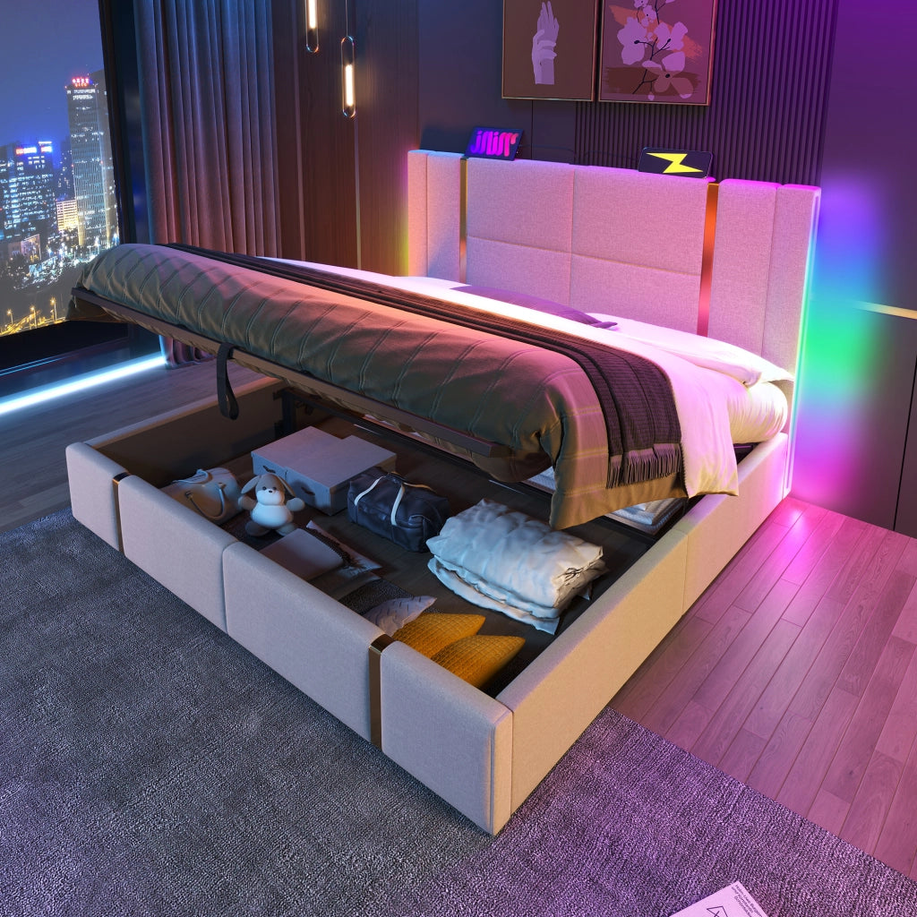 LETTO matrimoniale imbottito 140x200 cm Beige in lino con LED e USB Type-C