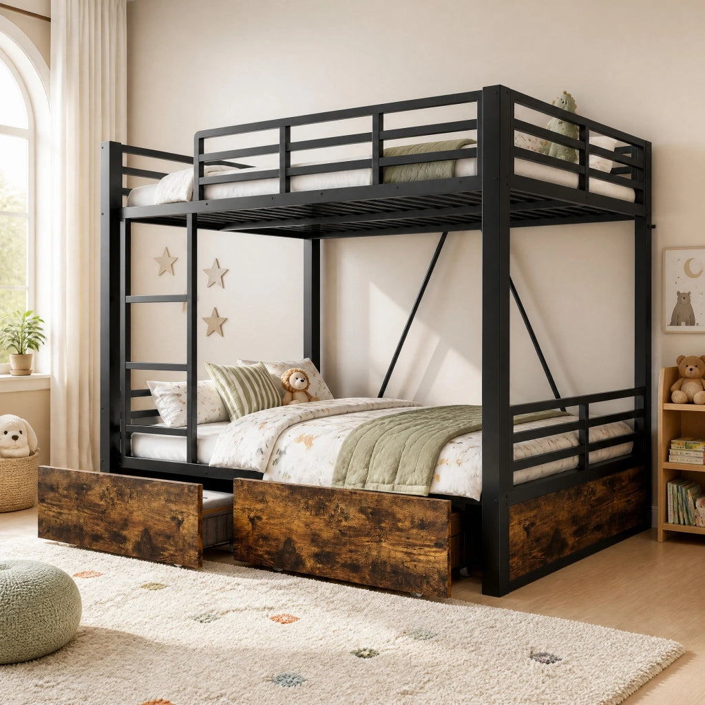 LETTO a castello 140x200 cm Nero in metallo e legno con cassetti