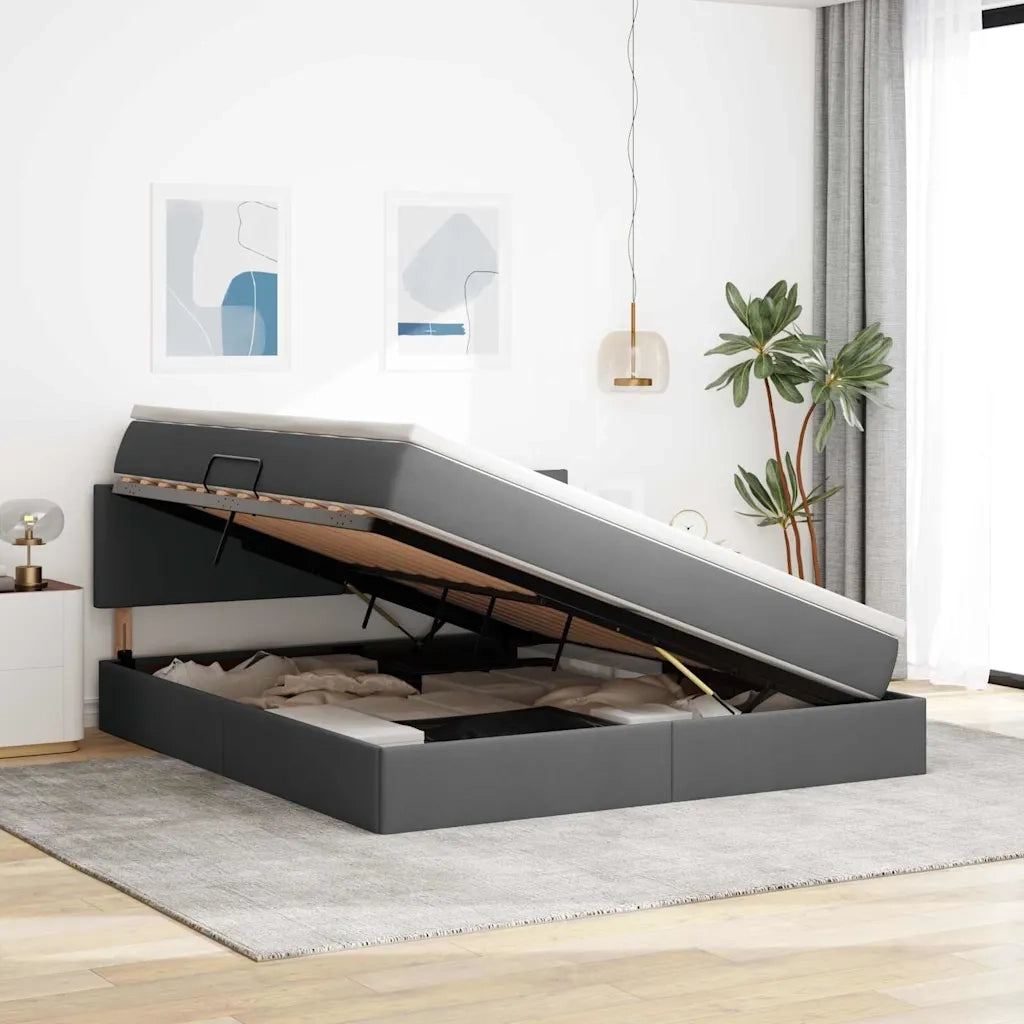 Letto con contenitore e LED Grigio scuro 160 x 200 cm Tessuto