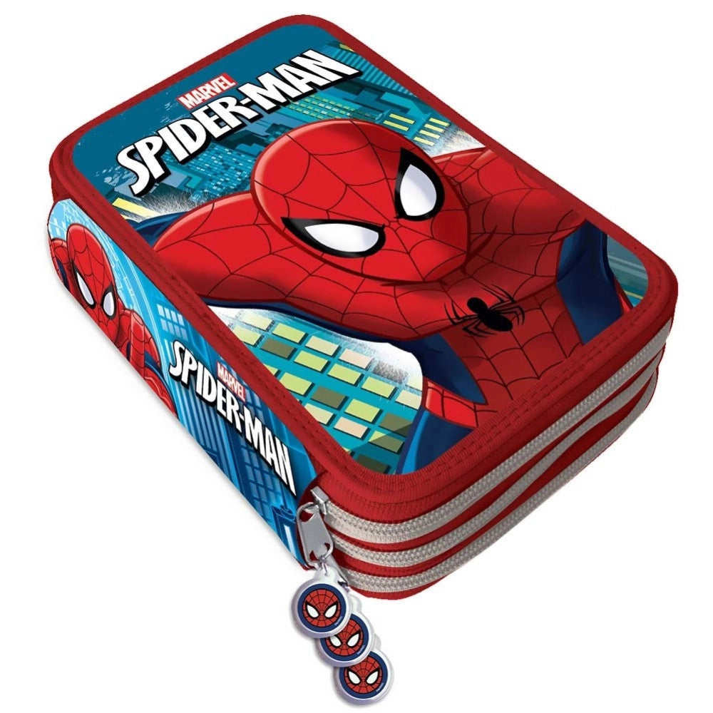 Trade Shop - Astuccio Portapastelli Scuola 3 Zip Spiderman Con Accessori Pastelli Pennarelli -