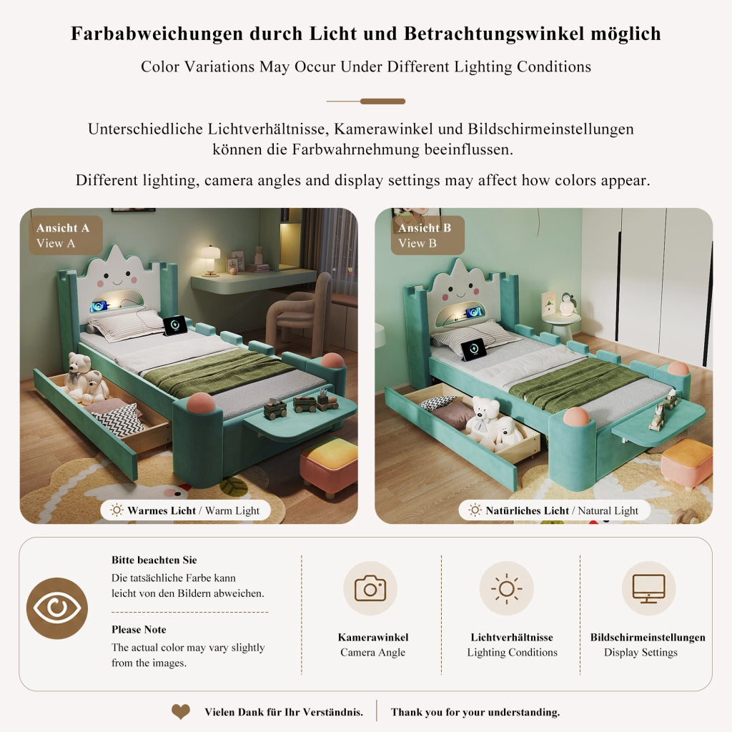 LETTO a nuvola con lampada da lettura e USB 90x200 cm velluto blu/verde