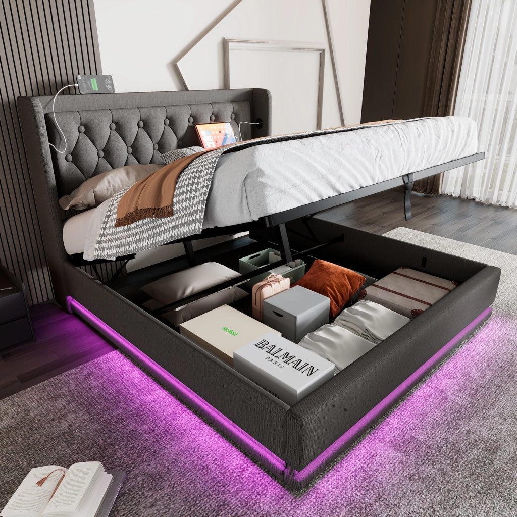 LETTO Contenitore 180x200 cm Grigio in Cotone con USB Type-C e LED