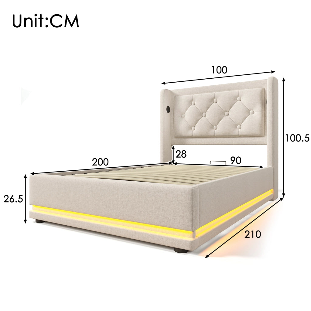 LETTO Contenitore 90x200 cm Beige in cotone, con USB Tipo-C e LED a 3 lati