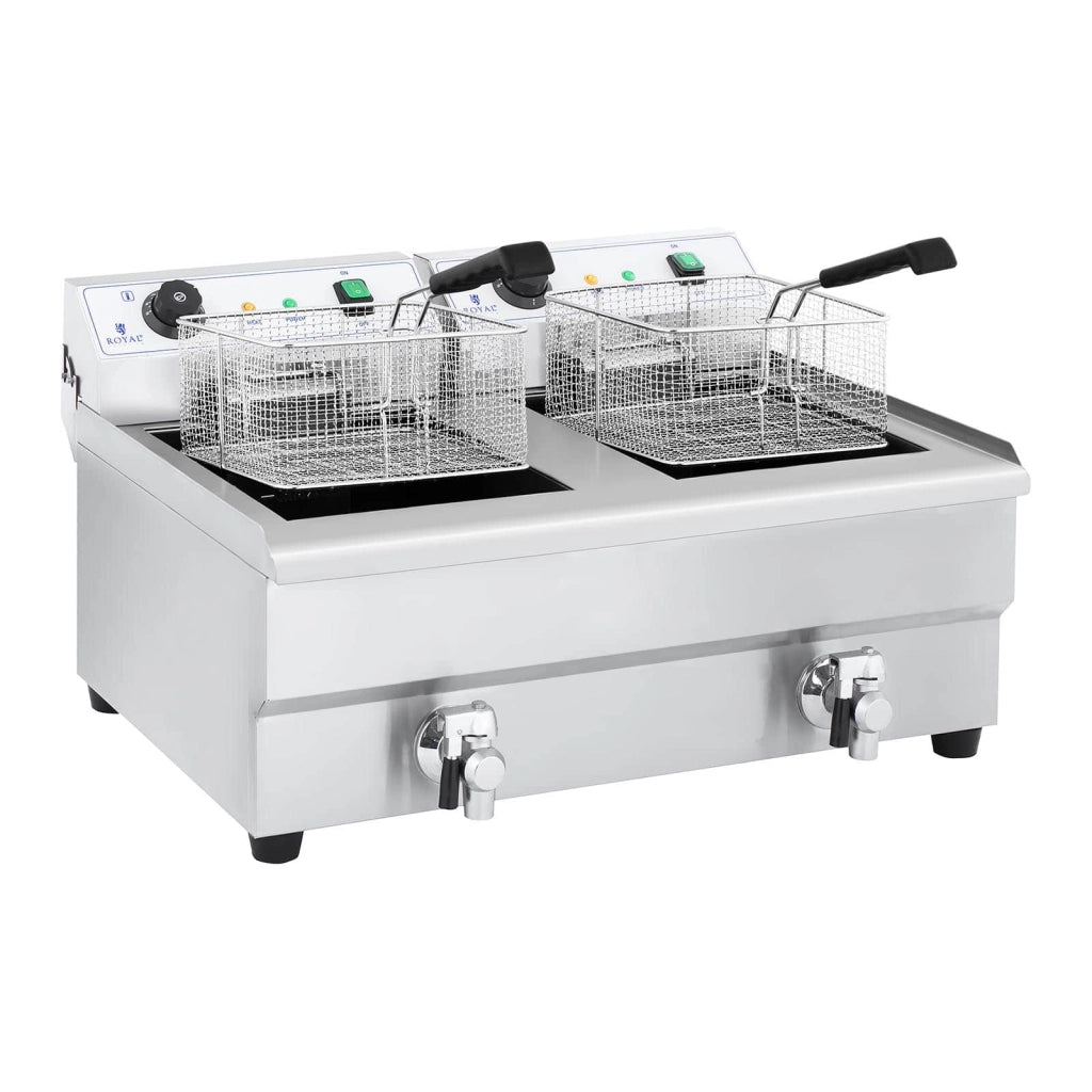Friggitrice elettrica professionale doppia per ristoranti 2 x 3.200 watt 2 x 16 litri di capacità totale 2 x 12 litri di capacità dell'olio termostato 2 rubinetti acciaio inox 14_0003982