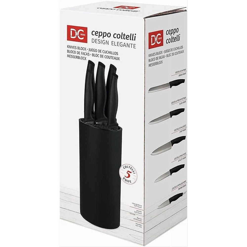 Trade Shop - Set Ceppo 5 Pezzi Coltelli Coltello Nero Design Elegante Utensili Da Cucina -