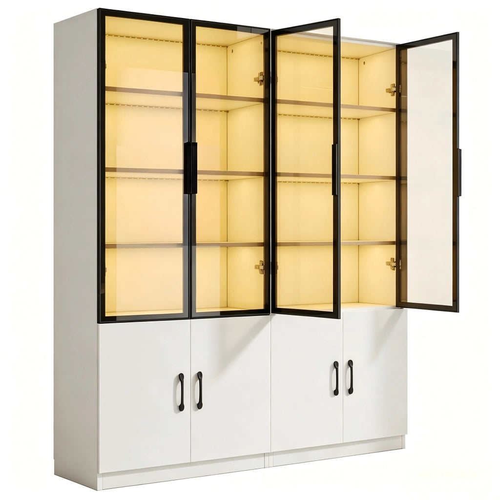 Vetrina con LED e ante in vetro fumé, struttura in truciolare e alluminio, bianco, a due porte inferiori, 120 × 40 × 160 cm