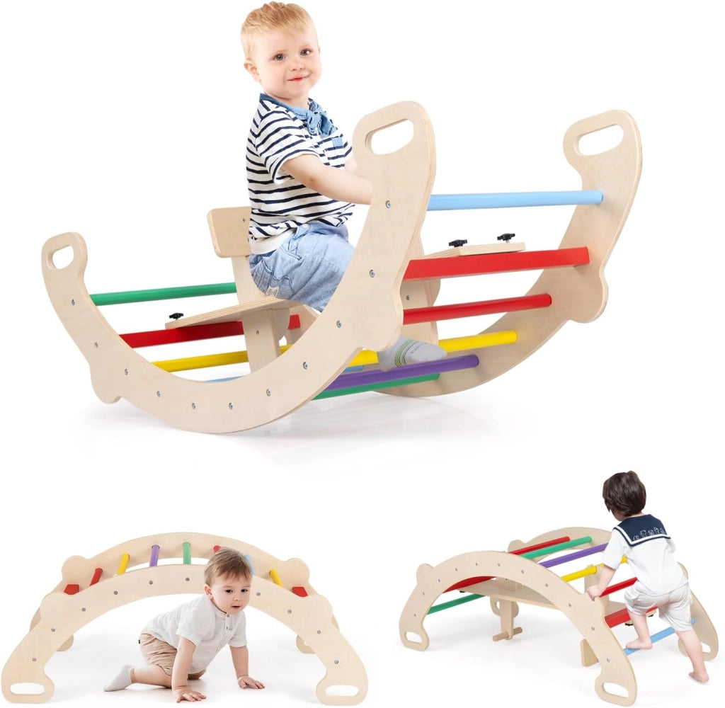 4 in 1 Arrampicata per Bambini, Arco Cavallo a Dondolo Multifunzionale in Legno, Dondolo a 35°, Ideale per Bambini 1-5 Anni, 112 x 52 x 44 cm