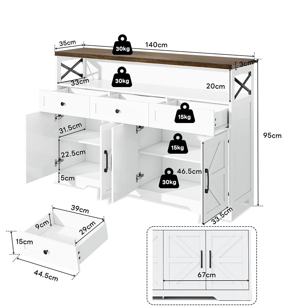 Buffet rustico - Xylo - 140cm 3cass porte bianco/marrone