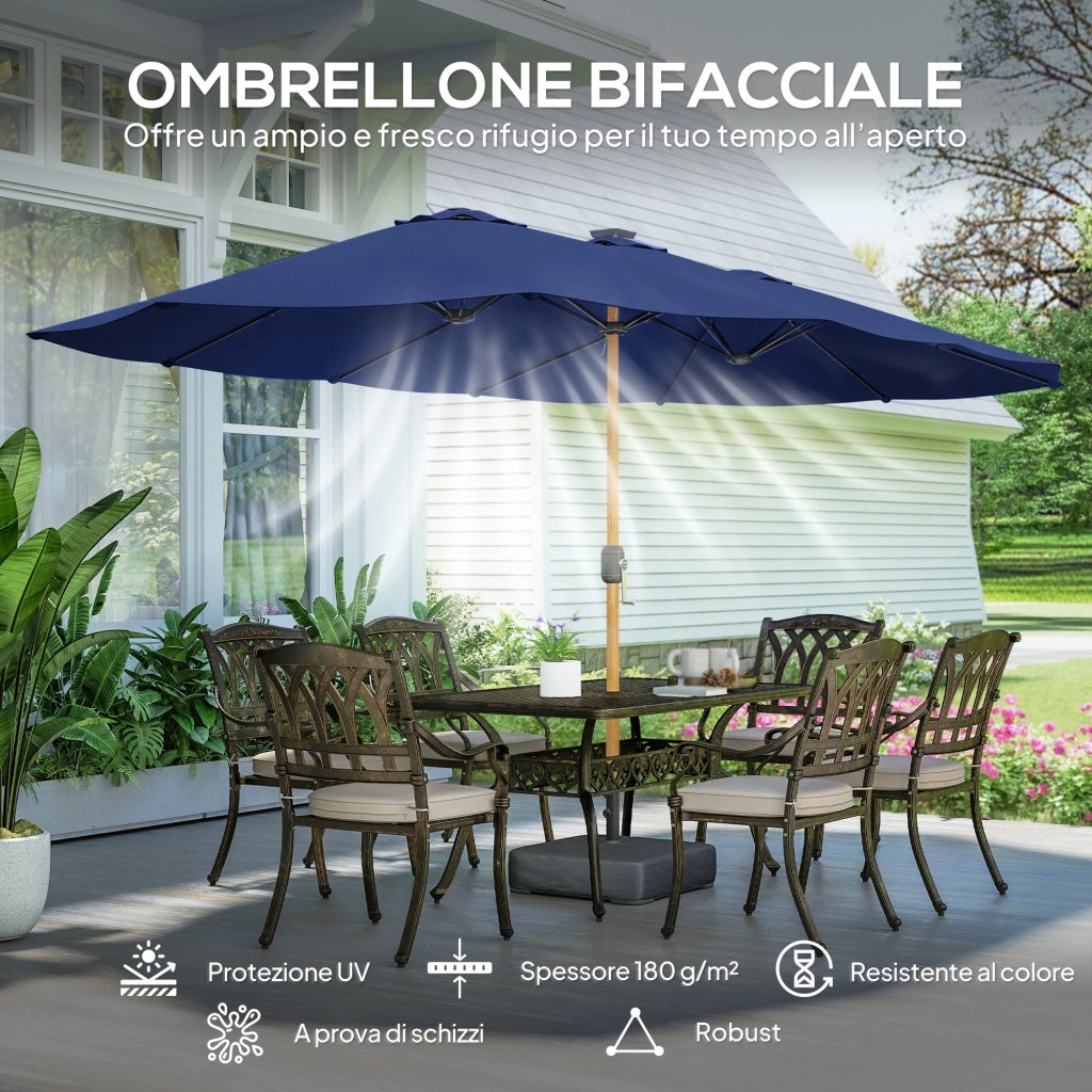 Ombrellone Doppio 467x281x238 cm a 12 Stecche con Manovella Base a Croce e Sacchi di Sabbia Blu Scuro