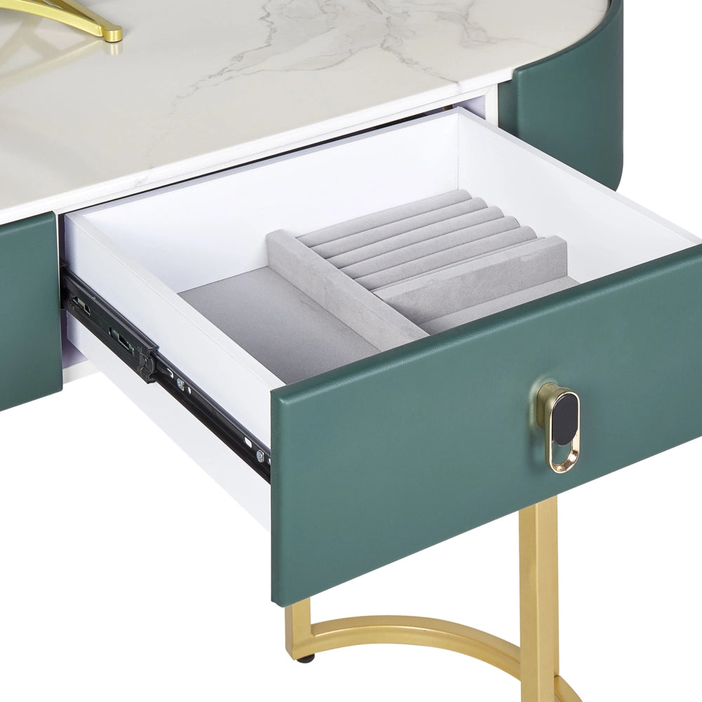Toeletta con 2 cassetti specchio LED verde e oro con sgabello camera da letto elegante