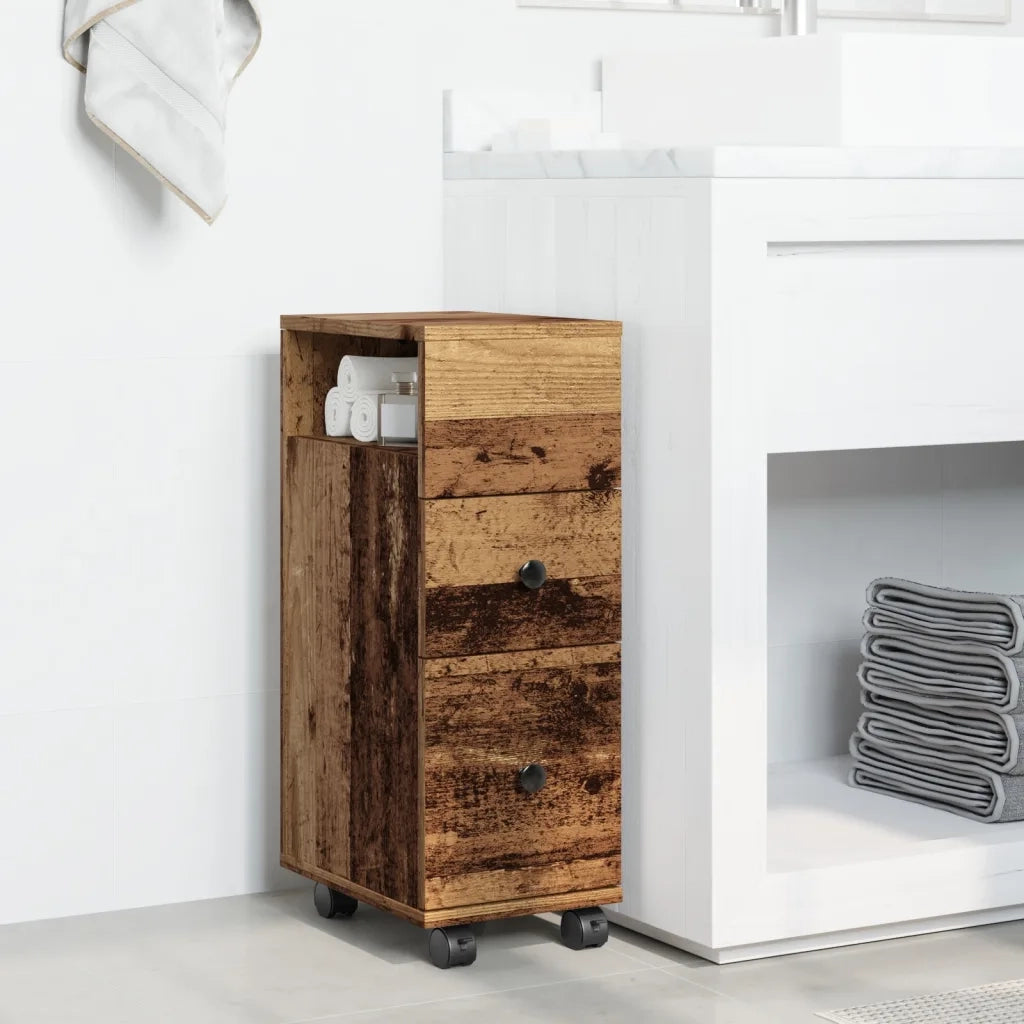 Mobile da Bagno Stretto con Ruote Legno Vecchio in Truciolato 855239