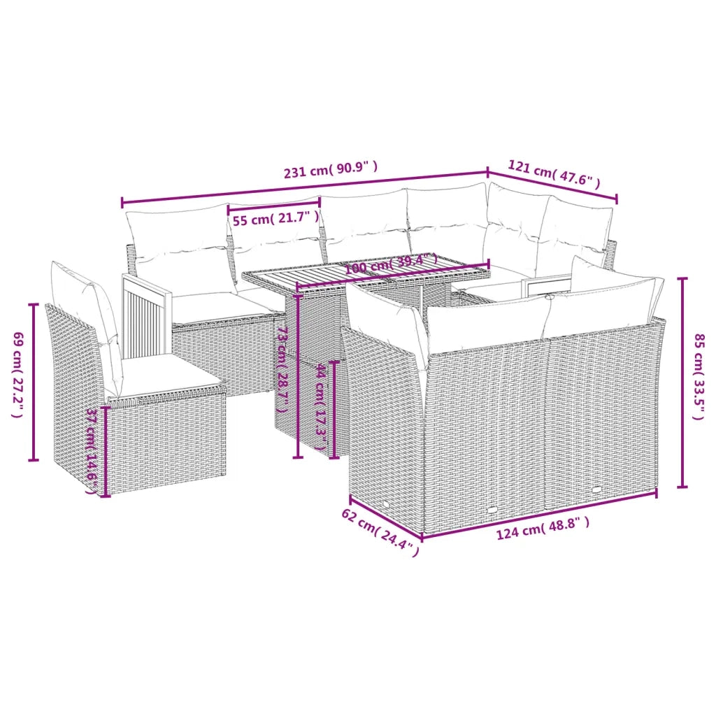 Set Divano da Giardino 9 pz con Cuscini Grigio in Polyrattan 3274056