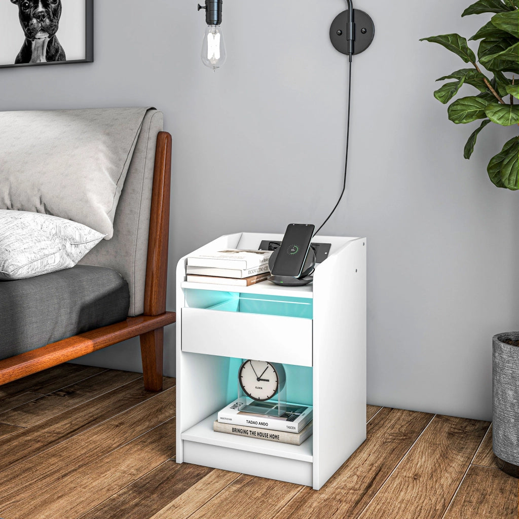 Comodino con LED e USB ¨C Xylo ¨C Bianco 40x40x58cm